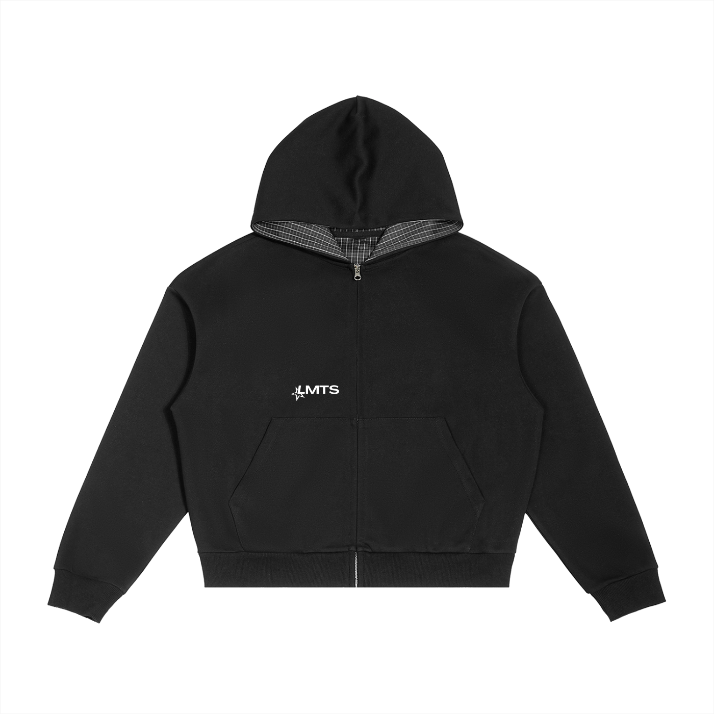 Contrast Plaid Boxy Zip Hoodie